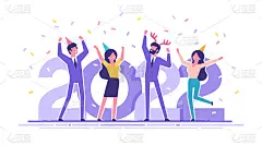 快乐的商业人士在圣诞和新年的企业聚会上，以巨大的数字为背景，2022。积极的男男女女戴着派对帽跳舞，