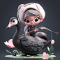 fullbody 3d artwork of super cute Little girl with a black swan and a huge badminton, chibi, naturescene, pop mart blind box, Pixar, complex details3d render, blender, 8k, studio lighting