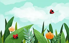 惊蛰雨水谷雨春天二十四节气卡通手绘插画瓢虫昆虫复苏绿色花草卡卡通24节气惊蛰春天春分