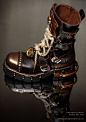 #晚安原画人#蒸汽朋克# 超酷的一款蒸朋靴子~麻绳鞋带太赞。（by onebigidea）