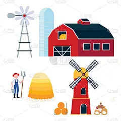 农村收获和农业建筑和工具集。谷仓与风车和筒仓，磨与干草捆和袋装面粉，和农民与干草公里桶和干草堆扁平风