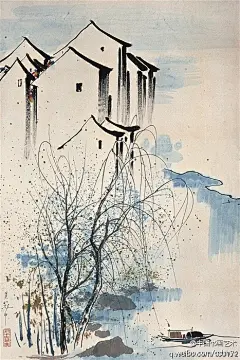 吴冠中 作品 《江南水乡》--- 吴冠中作品强调点、线、面的结合与搭配，线条润滑而富有变化，线与线之间律动，疏密协调而讲究意境。