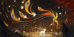 国潮烫金凤凰百鸟朝凤夜光手绘插画海报凤凰国潮