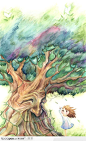 手绘淡彩站在大树下的小女孩