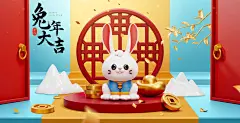 3D立体2023兔年新年海报新春节日喜庆活动背景板矢量eps设计素材-淘宝网