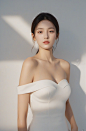  dior style,1woman is standing in the simple background,Off shoulder shirt,Low cut clothing,big boobs,upper_body,looking_at_viewer,The sunlight shines in during the day,