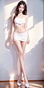  A girl, long hair,white yarn dress, strapless,, navel, lower abdomen, black pantyhose, sneaker, whole body, slim fit, slim figure, long legs, beautiful legs, glowing, soft light, tutult, pantyhose, 1girl,Put your hands on your hips, Hourglass body shape,