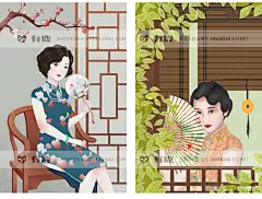 中国民国风女子旗袍古典插画手绘美女性千金服饰背景复古东方素材-淘宝网