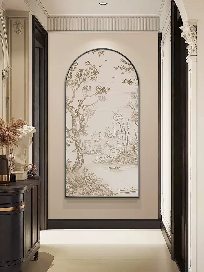 法式玄关装饰画中古风走廊尽头挂画拱形过道壁画复古客厅背景墙画-tmall.com天猫-花瓣网