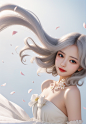 01159--2-a woman,white_background,grey hair,white ribbons fluttering up in the air,beautiful and romantic,curly hair,white petals fall,