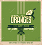 新鲜农场产品海报设计。橙子复古标签。健康的食品产品促销老式的印刷材料。水果矢量图