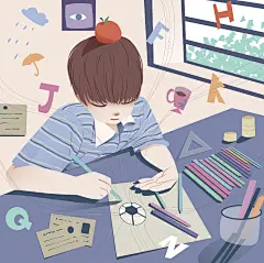 简约蓝灰扁平风美术书法绘画人物插画