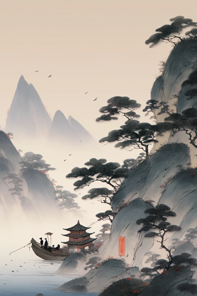 禅意中国风水墨山水插画-花瓣网