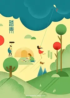 清明节海报设计 创意手绘清明节插画 手绘踏青插画 蓝天 大树 草地 山坡蓝天小女孩psd