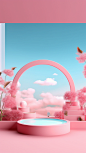 Product Box Geometric Circular Booth Scene C4D Shape Pink Plants Decorated with Light Blue Sky Background HD 8k