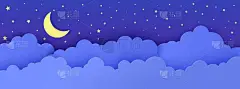 夜空中剪纸的风格. 3D背景，乌云密布，星光斑斑，月亮斑纹斑纹。 可爱的纸板纸折纸云。 祝你晚安、美