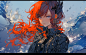 a manga character with red hair and a black dress, in the style of frostpunk, over, high contrast, atmospheric serenity, firecore, soft-edged, nightmare, hyper-realistic water #AIGC @小红书创作助手 @小红书创作学院 @薯队长