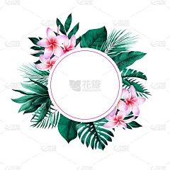 圆形框架与异国情调的怪物，香蕉，棕榈叶和鸡蛋花的背景。热带风格的文具设计。