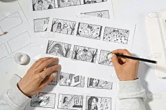 漫画家用铅笔画了一幅漫画的故事板.影片的预制片。设计师为漫画创作草图. 
