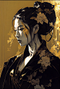beautiful gorgeous mai shiranui as a yakuza member in silk gold and black open robe with filigree by pascal blanche, james jean, guweiz, yoji shinkawa, alena aenami, ink painting, intricate details, ukiyo e, monochrome, high contrast, reflections, elegant