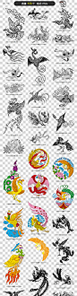 凤凰素材黑白简笔画孔雀模板青花瓷凤凰图案龙凤