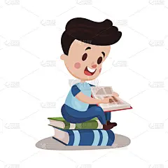 可爱的小男孩坐在一堆书上看书，教育和知识概念，色彩斑斓的人物矢量插画
