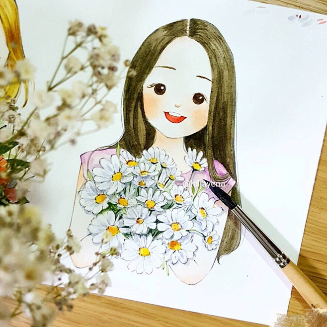 韩国可爱插画 小女孩 萌萌萌 手绘 水彩