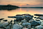 nature landscape water river lake rock stone sunset clouds sky trees 