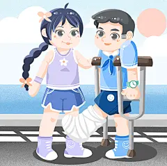 海边骨折情侣搀扶残疾人人物插画爱心公益
