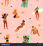 Summer girls pattern. Vector seamless pattern with young cartoon women in swimsuits spending time on a beach in different actions: standing sitting laying. __正版图片_视频_字体_音乐素材交易平台_旗下品牌