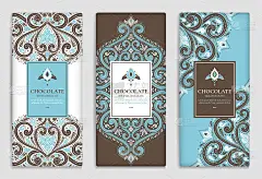 蓝色和棕色向量套巧克力棒包装设计。豪华复古模板与装饰元素。可用于背景和壁纸。非常适合食品和饮料包装类