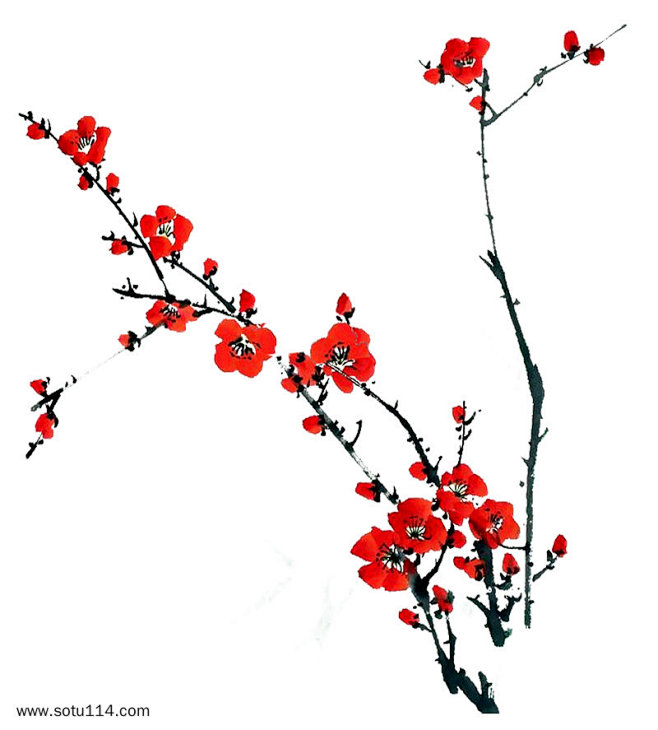 浅红色色水墨树长上枝头开花