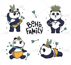 一套可爱的家庭大熊猫。动物卡通人物展示了历史。波希米亚人的藏品