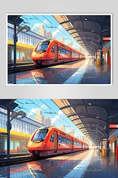 AI数字艺术春运旅客出行高铁站台插画