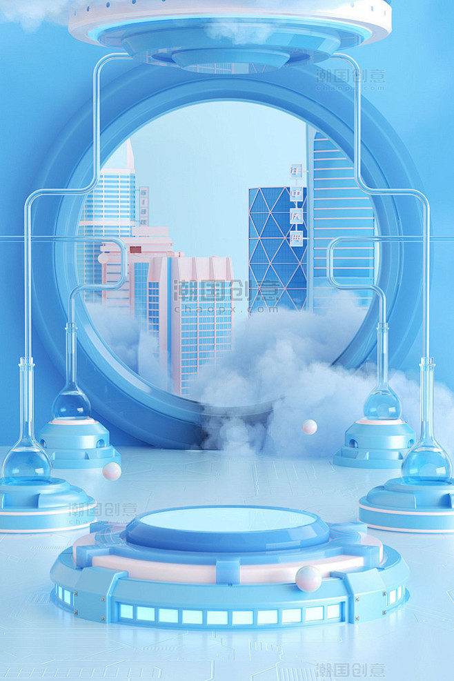 3D立体蓝色618电商促销城市建筑室内场...