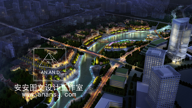 景观园林鸟瞰夜景效果图