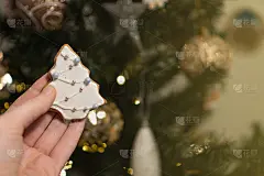 手工制作的姜饼挂在圣诞树上。手拿着冷杉树枝上的姜饼