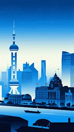 上海地标建筑渐变插画