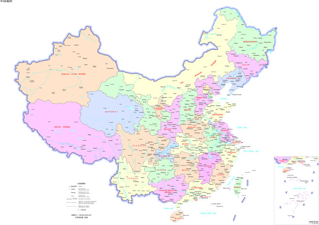 英文版中国地图 1:740万 对开 分省设色 界线版 无邻国 线划一