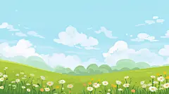 扁平肌理插画扁平风风景插画植物插画小雏菊插画飞鸟丛林间小路唯美场景蓝天白云草地春天桌面壁纸