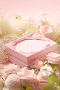 the photograph of a pink box and flowers, in the style of expansive, pale palette, storybook-esque, photobashing, flat surfaces, lush and detailed, sleek