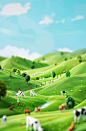 3D illustration of green hills with cows and farmers, blue sky, bright sunny day, high resolution, high details, vibrant colors, miniature people in the foreground, white background, in the style of cartoon 3D , soft shadows, natural lighting, depth of fi