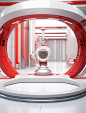 a photo of a red and white background, in the style of futuristic contraptions, medicalcore, realistic interiors, handheld, rim light, machine-like precision, ue5