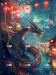 神秘而充满活力的夜晚，一条雄伟的龙彩色灯笼装饰海报