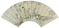 费以耕——《蕉荫戏婴图》【仿唐解元本于海上客斋，应清甫三兄大人雅属，时丙寅秋仲下浣】仕女人物小景 扇面欣赏  |  
清|费以耕( ?-1870 )费丹旭长子。字馀伯。画承家学，仕女幽静，兼工花鸟。与张熊交往甚密。
