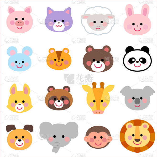 可爱的,动物头,图标集,猴子,狸子,简单...