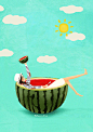 Paco_Yao 插画 原创 GIF 动图 天气炎热，爱吃西瓜的美少女关晓彤提醒大家，多吃水果。