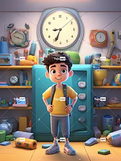 房间3D卡通游戏场景一个运动男孩拿着蓝色闹钟海报