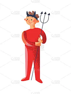 万圣节魔鬼孩子的角色，可爱的男孩穿着滑稽的红色魔鬼服装和邪恶的三叉戟
