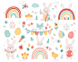 复活节彩蛋，兔子，彩虹，鲜花和鸡。复活节和春天的元素。手绘矢量插图
